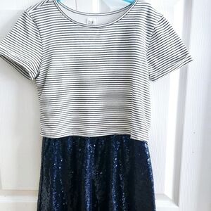 ⭐ 2 FOR $20 Gap Kid Girl US L  Striped Sequin Navy Dress Paety Preppy